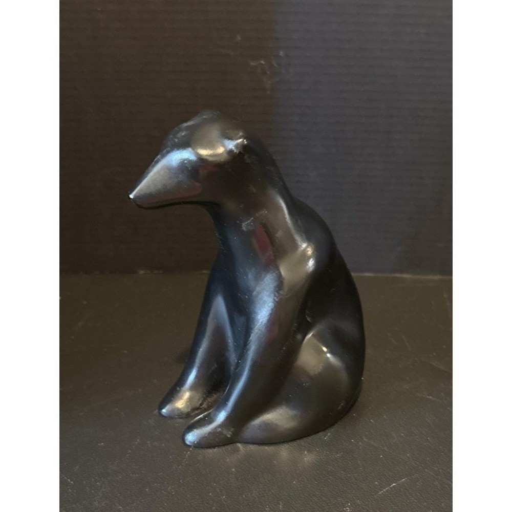 Carved Pearlite Stonecraft Folk Art Black Sitting Polar Bear Figurine Vintage